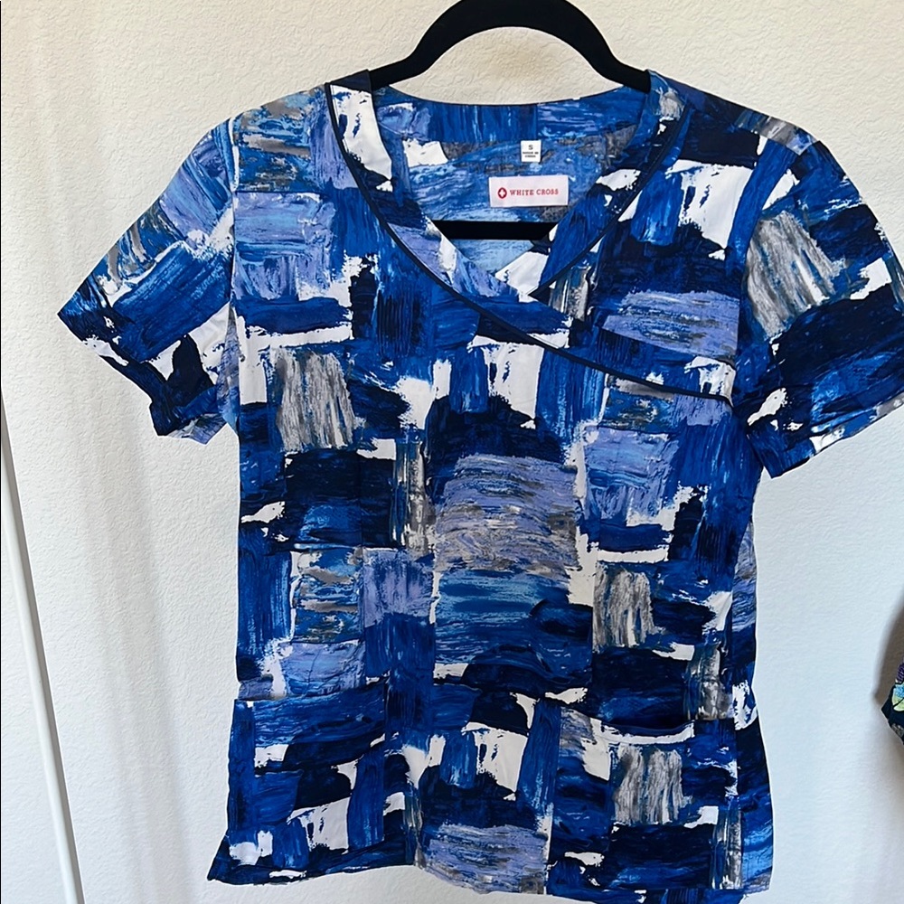 Blue and White Patterned Scrub Top
